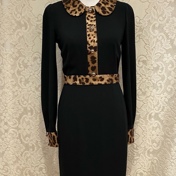Dolce & Gabbana Long sleeve black with Leopard Trim Cady Dress, size 42, US 4-6 - Picture 4 of 16